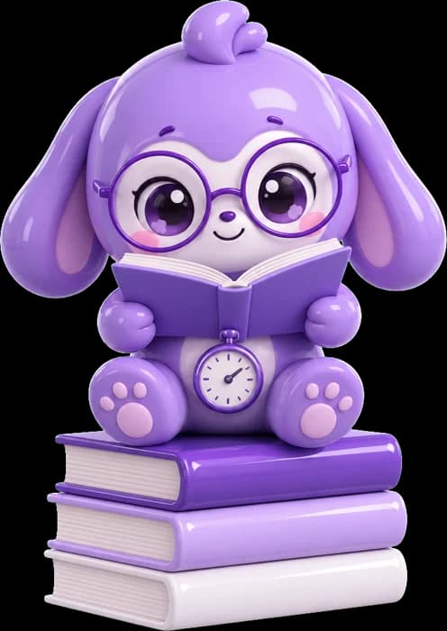 Фиолетовый маскот в очках читает книгу, сидя на стопке книг